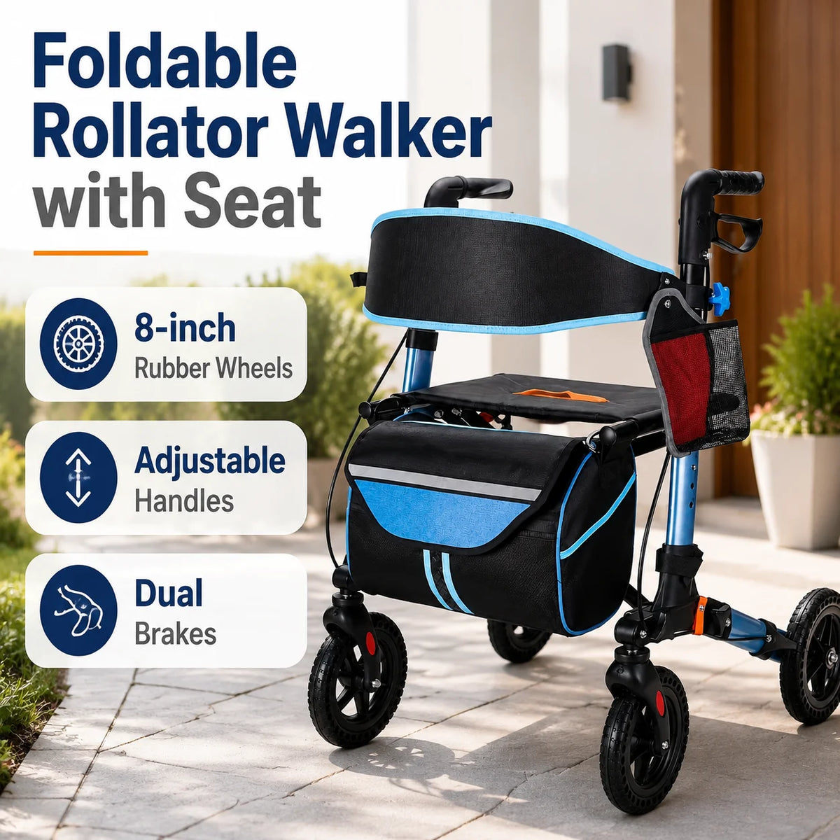 Lightweight All-Terrain Rollator Walker with Seat – Foldable Aluminum Walker, 8" Rubber Wheels, Blue