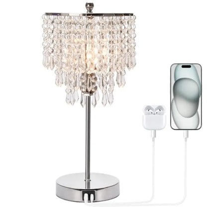 Crystal Bedside Table Lamp with 3-Way Touch Dimming and Dual USB Charging Ports
