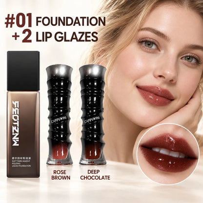 3-Piece Makeup Set, Full Coverage Liquid Foundation & 2 High-Shine Lip Glosses, Rose Brown & Deep Chocolate
