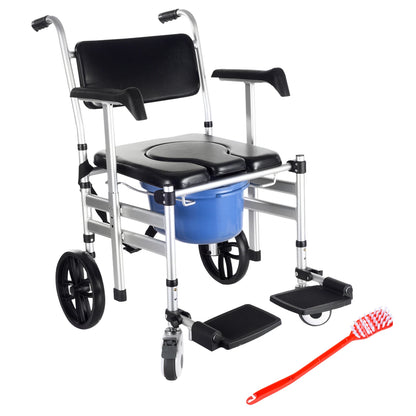 3-in-1 Folding Rolling Shower Commode Chair – Lightweight Wheelchair with Locking Wheels, Padded Arms & Removable Bucket