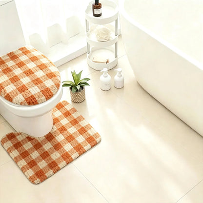 Orange Plaid Bathroom Rug Set, Non-Slip Absorbent Bath Mat & Toilet Cover