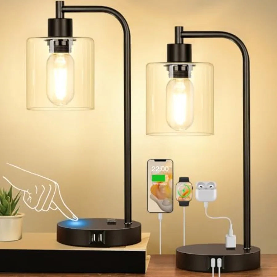Industrial Touch Table Lamps Set of 2, 3-Way Dimmable Black Bedside Lamps with USB-A and USB-C Charging Ports and AC Outlet