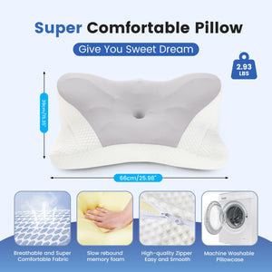 King Size Ergonomic Memory Foam Pillow with Cooling Pillowcase, Contoured Neck & Shoulder Support for Back, Side & Stomach Sleepers