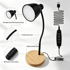 LED Desk Lamp, CRI 90+, Dimmable 3000–6000K, Flexible Gooseneck, Black Metal Shade, Wooden Base, USB Powered