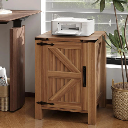 18" Rustic Farmhouse Nightstand with Charging Station – Barn Door Bedside Table with Adjustable Shelf & Storage