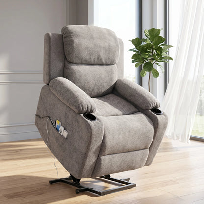 Oversized Power Lift Recliner Chair with Heat & Massage, Electric Stand Assist Recliner with Cup Holders & Side Pockets