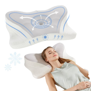 King Size Ergonomic Memory Foam Pillow with Cooling Pillowcase, Contoured Neck & Shoulder Support for Back, Side & Stomach Sleepers