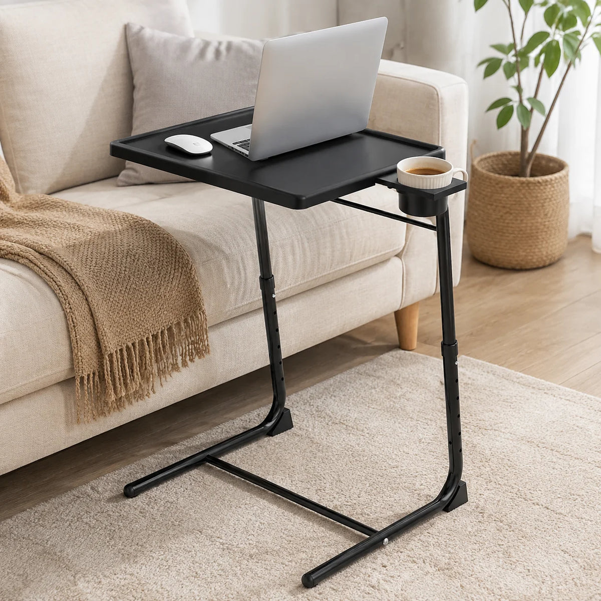 Adjustable Folding TV Tray Table – 6 Height Levels, 3 Tilt Angles, Portable Laptop & Dinner Table with Cup Holder