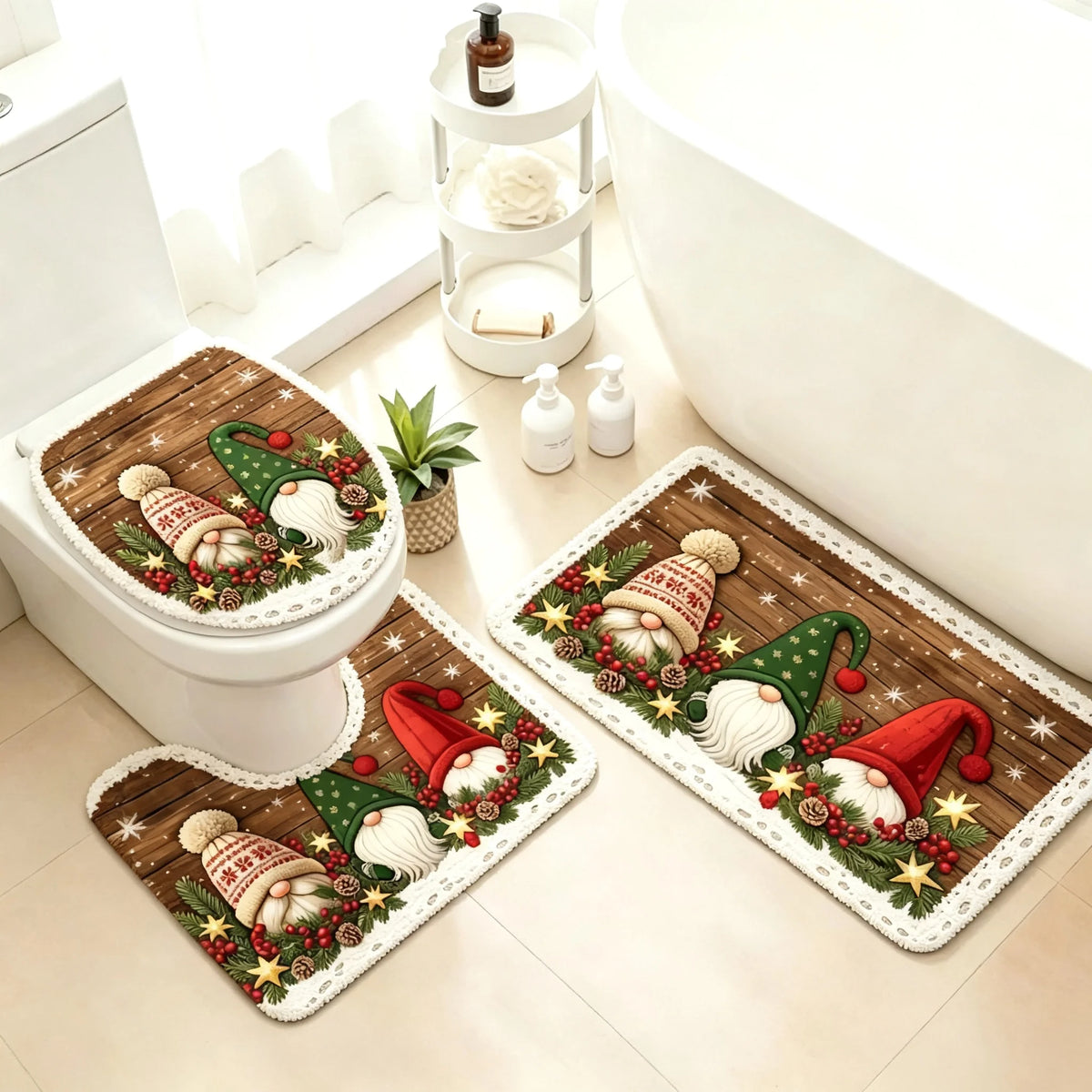 Christmas Gnome Bathroom Rug Set, 3-Piece Non-Slip Absorbent Bath Mat with Toilet Lid Cover & U-Shaped Contour Rug