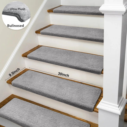 Non-Slip Bullnose Stair Treads, Ultra-Plush Washable Self-Adhesive Carpet Mats for Indoor Steps & Senior Home Safety