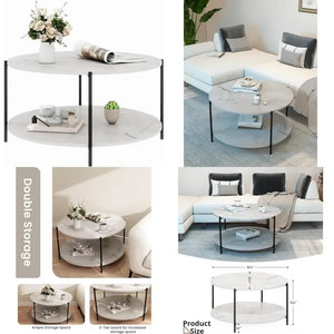 2-Tier Round Coffee Table with Storage Shelf, Marble-Style Wood Center Table for Living Room & Bedroom