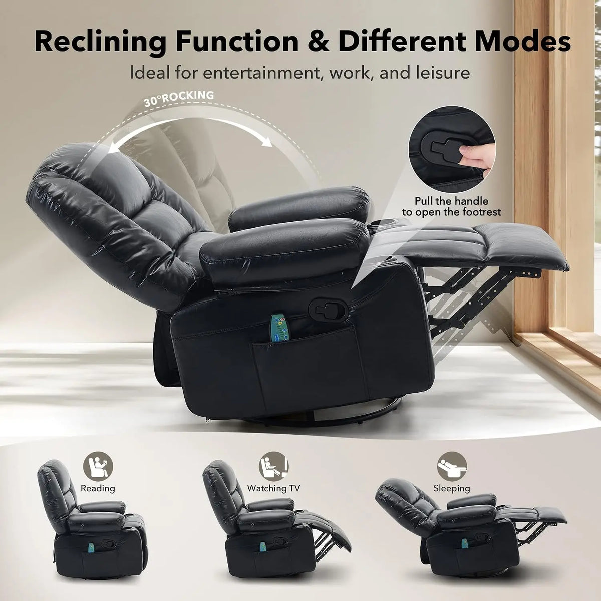 Oversized Massage Recliner Chair with Heat, 360° Swivel, 8-Point Vibration, 145° Recline, USB Port, Cup Holders & Footrest
