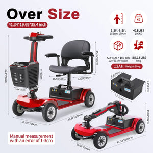 Foldable 4-Wheel Mobility Scooter for Seniors – 250W Motor, 12Ah Battery, 12.4-Mile Range, 360° Swivel Seat, Red
