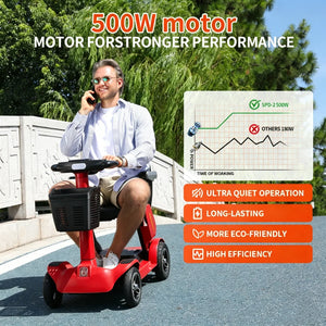 Foldable Electric Mobility Scooter for Adults, All-Terrain Lightweight Portable 4-Wheel Travel Scooter, Red