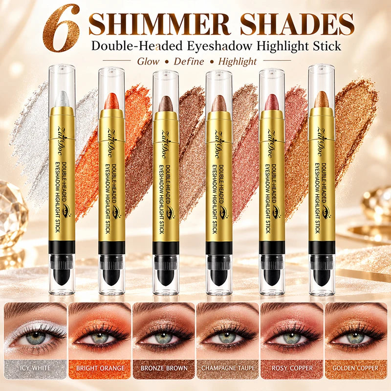 Dual-Ended Eyeshadow and Highlighter Stick, Waterproof Creamy Shimmer Eye Makeup, 6 Shades