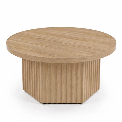 31.5" Round Fluted Drum Coffee Table, Modern Wood Pedestal Center Table for Living Room & Small Spaces
