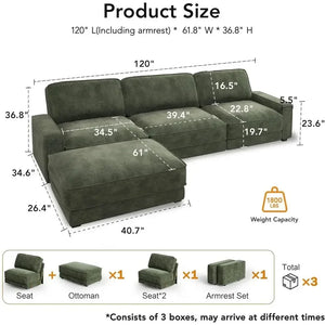 120-Inch L-Shaped Cloud Sectional Sofa with Ottoman – Oversized 4-Seater Deep Seat Chenille Couch, Green