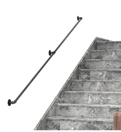 Black Pipe Stair Handrail – Rustic Wall-Mounted Railing with Round Corners, 4FT–16FT