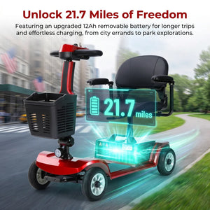 Portable Folding Mobility Scooter for Seniors – 4-Wheel Electric Travel Scooter, Swivel Seat, Anti-Tip Design, Red
