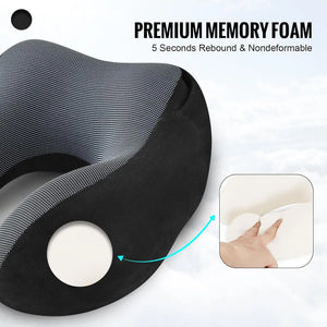 Memory Foam Travel Neck Pillow with Hood, 360° Head Support for Airplane & Long Flights, Eye Mask, Earplugs & Storage Bag