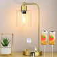 Industrial Table Lamp with Glass Shade, Stepless Dimming, USB-A and USB-C Charging Ports, AC Outlet, Bedside Nightstand Lamp