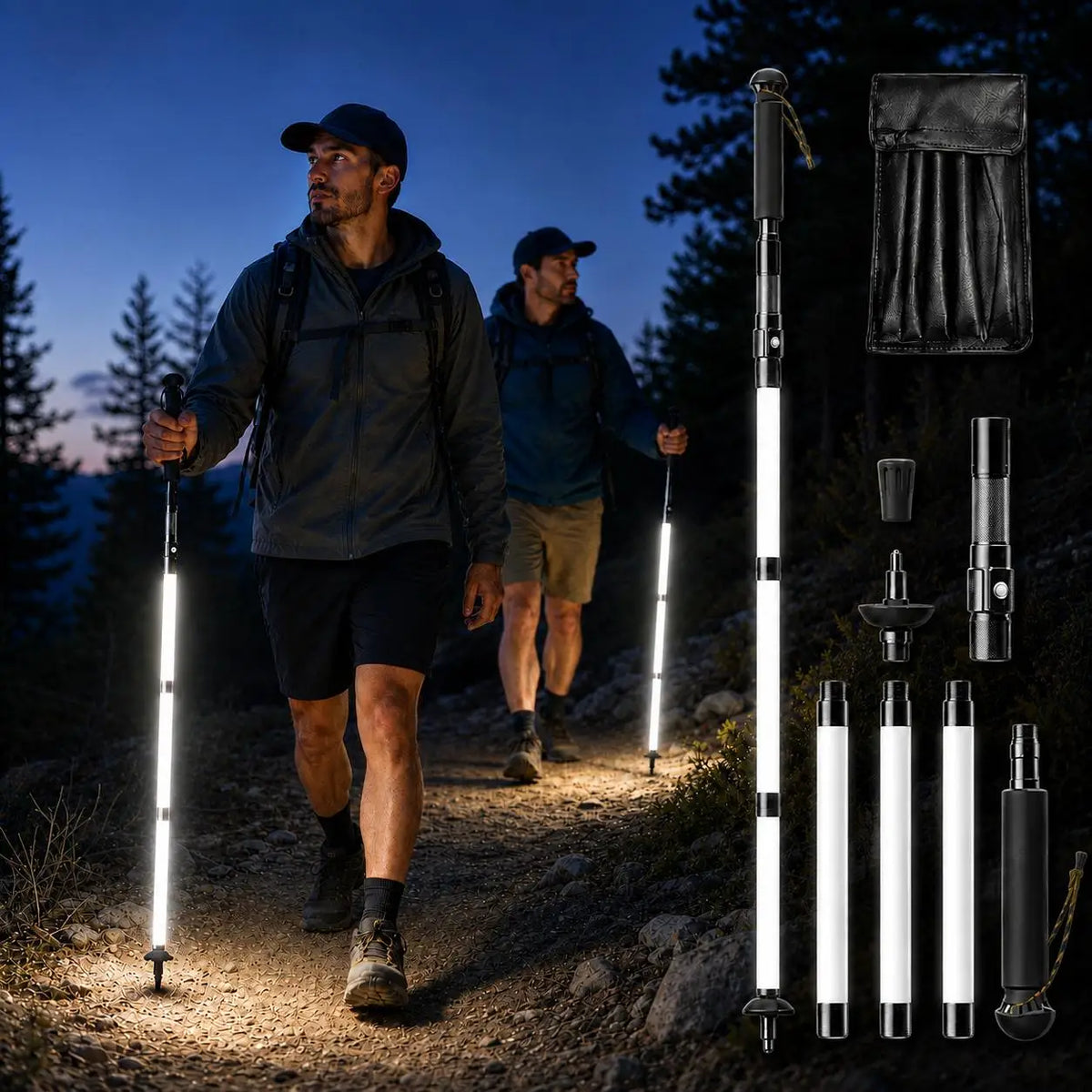 LED Walking Stick with Detachable Light, USB-C Rechargeable Aluminum Alloy Hiking Cane for Night Walking, Camping & Trekking