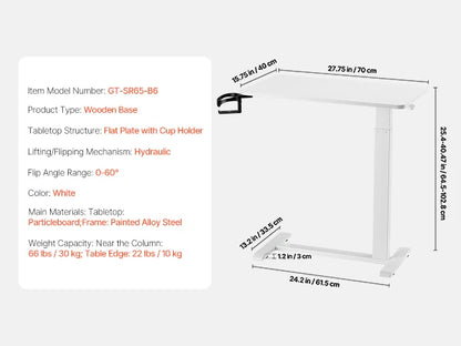 Height & Angle Adjustable Overbed Table with Swivel Casters, Mobile Rolling Bedside Laptop Desk for Home & Office