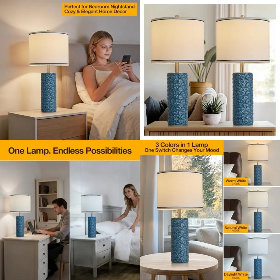Ceramic Table Lamps Set of 2, 3 Color Temperatures, Rustic Bedside Lighting for Bedroom and Living Room