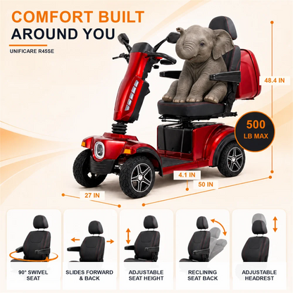 4-Wheel Heavy Duty Mobility Scooter for Adults, Full Suspension, Pneumatic Tires, Swivel Seat, Bluetooth, Keyless Start, USB Charging