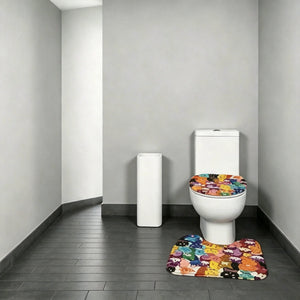 Cartoon Cat Print Bathroom Rug Set, Non-Slip Bath Mat with Contour Toilet Mat & Toilet Lid Cover