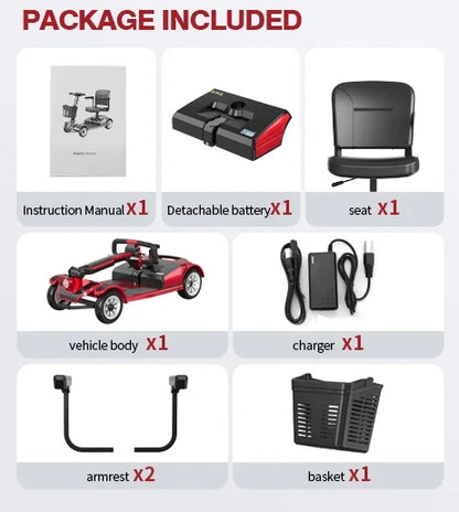 Foldable 4-Wheel Mobility Scooter for Seniors – 20Ah Large Capacity Battery, Adjustable Seat, Electric Travel Scooter, Red
