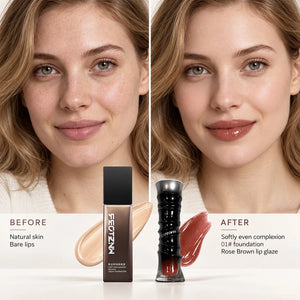 3-Piece Makeup Set, Full Coverage Liquid Foundation & 2 High-Shine Lip Glosses, Rose Brown & Deep Chocolate