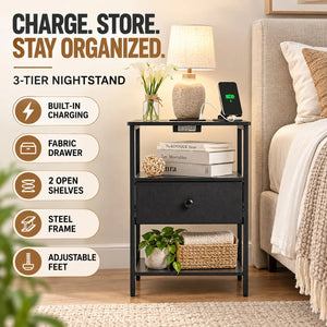 **Recommended Google Shopping Title:**

3-Tier Nightstand with Charging Station & Fabric Drawer, Steel Frame Bedside Table with Open Storage Shelves for Bedroom & Living Room