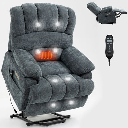 Large Chenille Power Lift Recliner Chair with Wide Seat, High Back, 8-Point Vibration Massage & Lumbar Heat – Brown