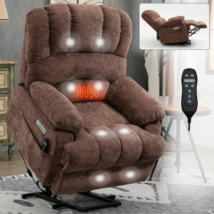 Large Chenille Power Lift Recliner Chair with Wide Seat, High Back, 8-Point Vibration Massage & Lumbar Heat – Brown