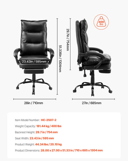 Ergonomic Executive Office Chair, 300/400 lb Capacity PU Leather Reclining Chair with Adjustable Height