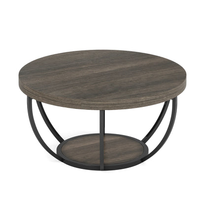 31.7" Round 2-Tier Coffee Table with Storage Shelf, Industrial Wood Center Table for Living Room