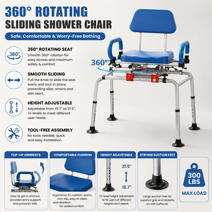 Sliding Shower Chair with Swivel Seat – Height Adjustable Tub Transfer Bench with Armrests, Padded Seat & Safety Belt