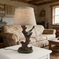 Decorative Bird Table Lamp with Resin Branch Base and Linen Fabric Shade for Bedroom and Living Room