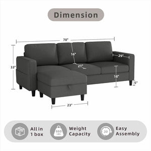 3-Seat L-Shaped Sectional Sofa with Storage Ottoman – Convertible Linen Upholstered Couch for Living Room, Dark Grey
