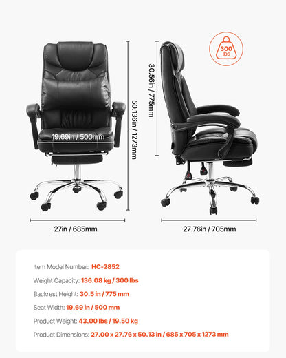 Ergonomic Executive Office Chair, 300/400 lb Capacity PU Leather Reclining Chair with Adjustable Height