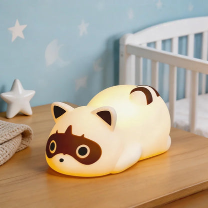 Rechargeable Silicone Raccoon Night Light, 1200mAh Battery, Touch Control, 3 Brightness Levels