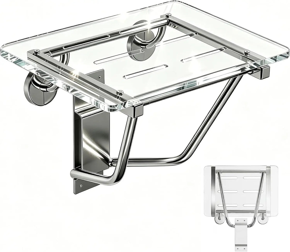 Wall-Mounted Folding Shower Seat – Heavy-Duty Acrylic Fold-Down Bath Bench with Stainless Steel Bracket, 350 lb Capacity, Transparent