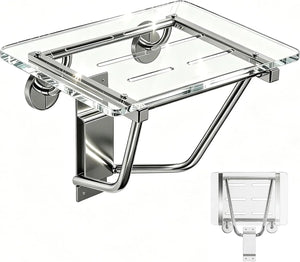 Wall-Mounted Folding Shower Seat – Heavy-Duty Acrylic Fold-Down Bath Bench with Stainless Steel Bracket, 350 lb Capacity, Transparent