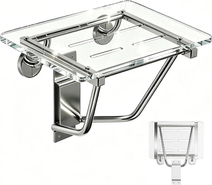 Wall-Mounted Folding Shower Seat – Heavy-Duty Acrylic Fold-Down Bath Bench with Stainless Steel Bracket, 350 lb Capacity, Transparent