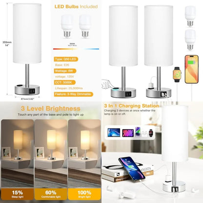 White Touch Bedside Table Lamps Set, 3-Way Dimmable Nightstand Lighting with USB Charging Ports and AC Outlet