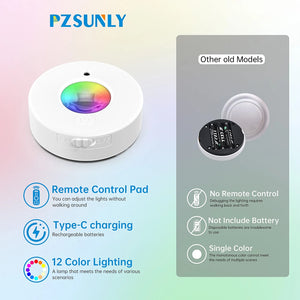 Rechargeable Magnetic RGB LED Night Light, 12 Colors, Remote Control, USB-C, for Cabinets, Bedroom & Hallway