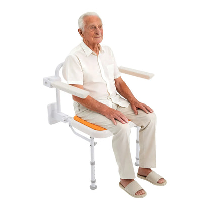 Wall-Mounted Folding Shower Chair with Backrest – 5-Level Height Adjustable Bath Seat, 330 lb Capacity