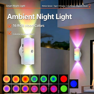 Double-Head RGB LED Night Light with Motion Sensor, USB Rechargeable Magnetic Wall Lamp for Cabinet, Hallway & Stairs