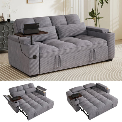 65-Inch 3-in-1 Convertible Sofa Bed – Pull-Out Sleeper Couch with 360° Swivel Side Table & USB Charging, Black